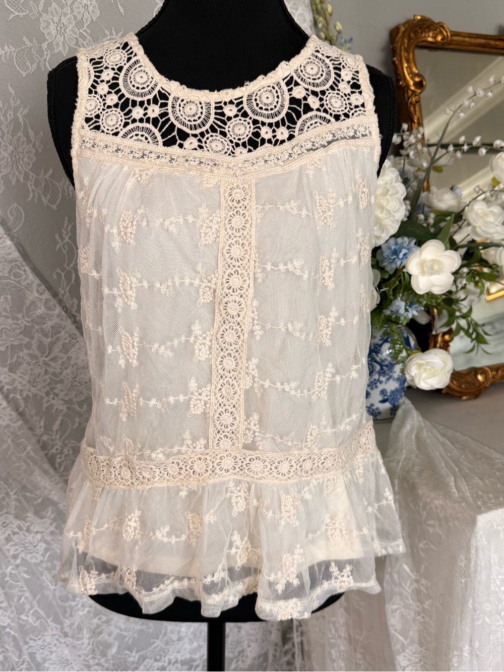 White lace peplum style tank top